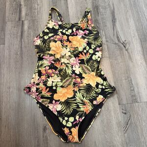 Hurley Size Large Swimsuit Black Hibiscus Floral One Piece Back Design Beach